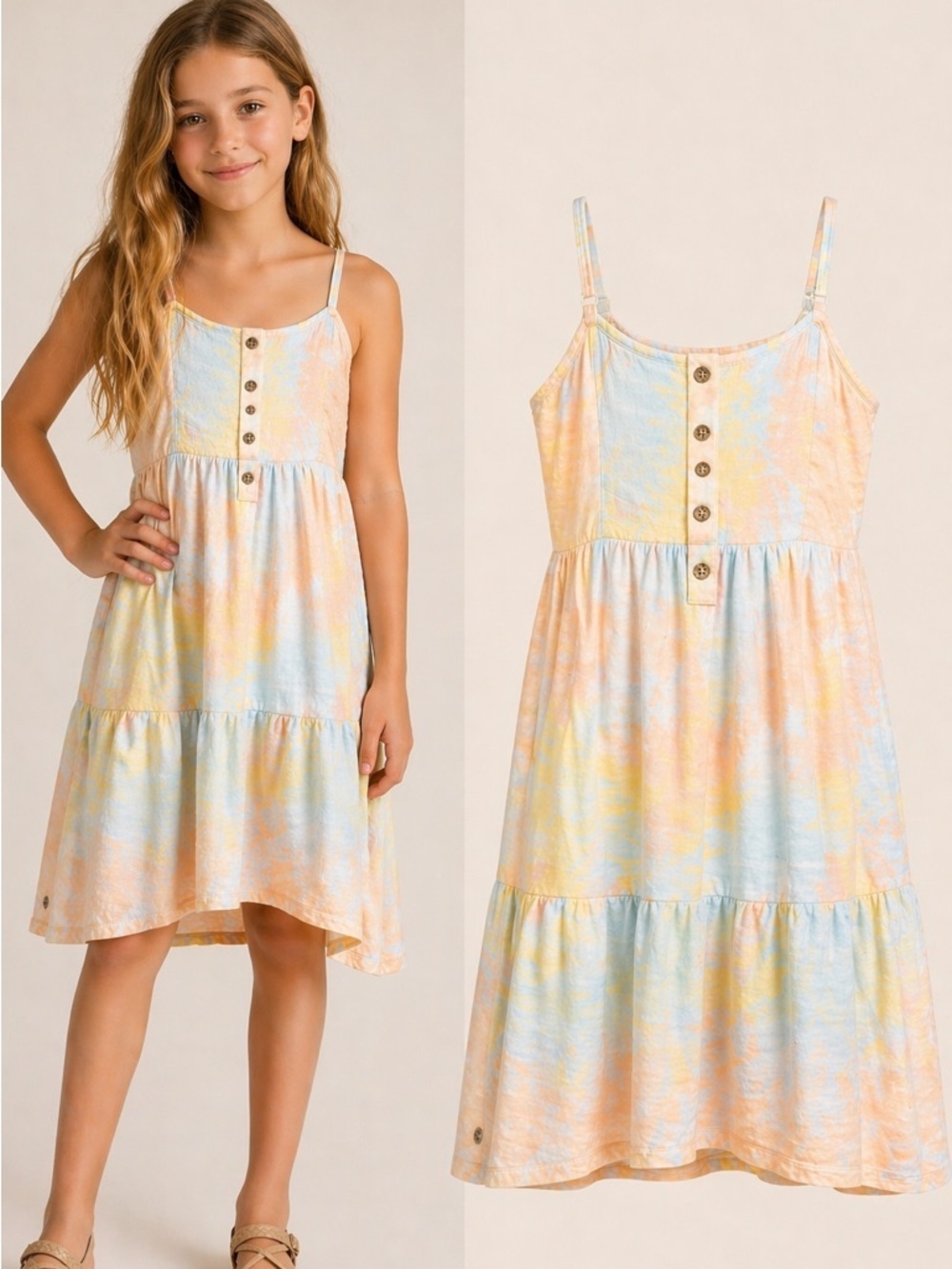 ROXY | Girls Tie Dye Dress | Pastel Beachy | Smocked | Size 10